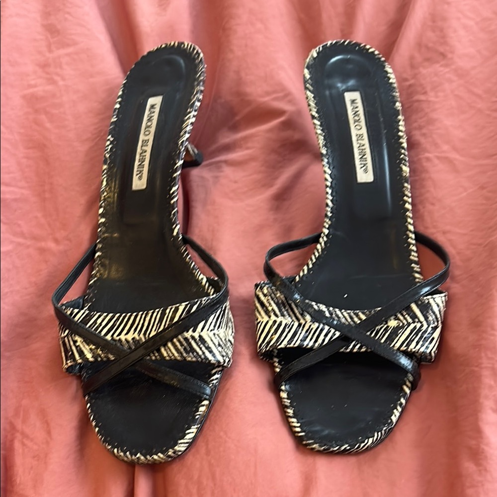 Manolo Blahnik Black and White Heels with Zebra Print